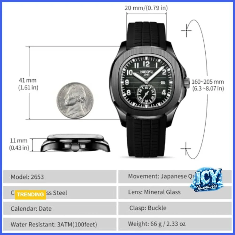 Analog Military Watch with Calendar Black Silicone Strap Waterproof